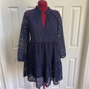 J.CREW EYELET TIERED EMBROIDERED POPOVER DRESS - NAVY Size S PreOwned
